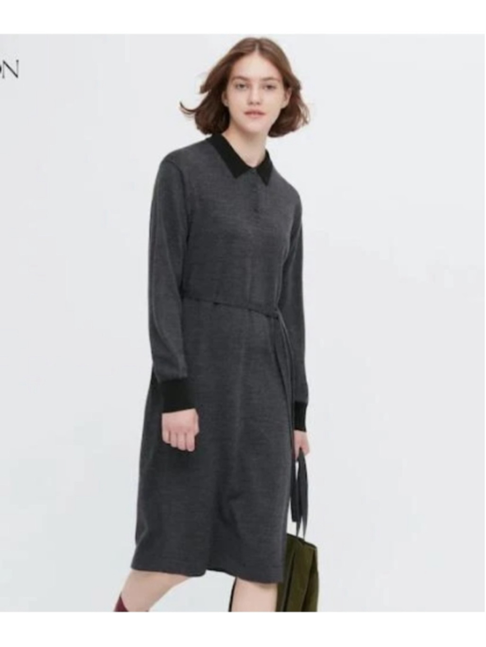 JW ANDERSON Charcoal Knit Polo-Collar Long Sleeve Dress with Black Accents SzM